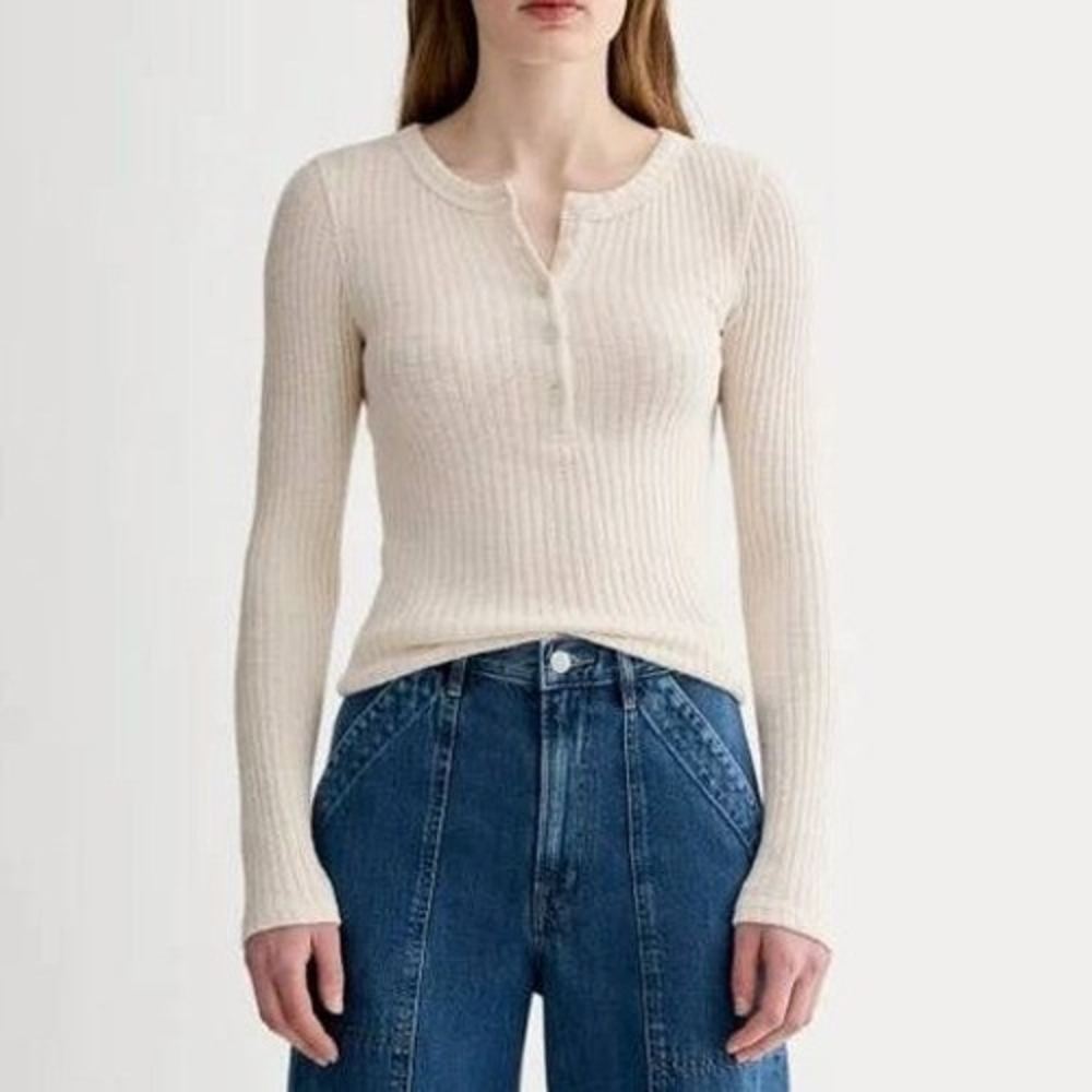 NEW Everlane The Cozy Rib Henley Women XS Bone Long Sleeve Organic Cotton Knit
